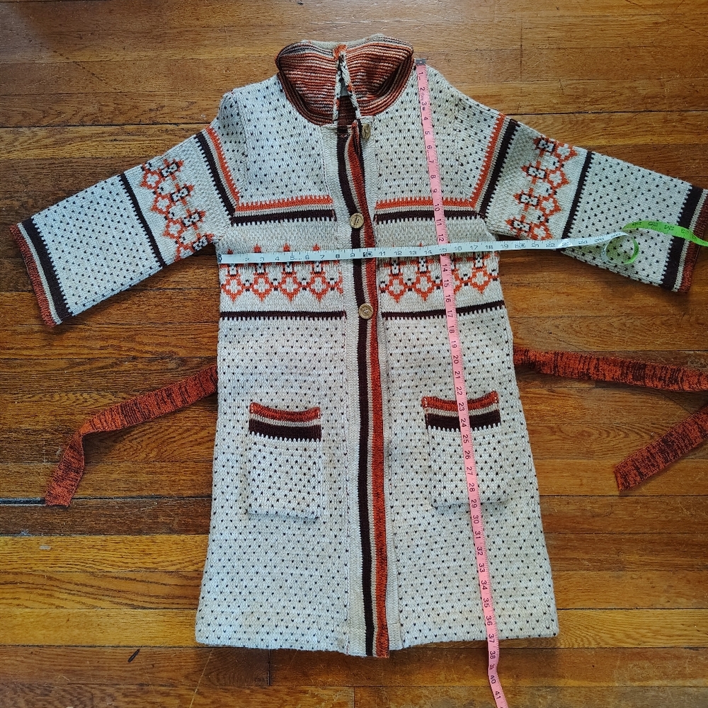 70s Vintage Cardigan Jacket Medium Large Tie Belted Waist Aztec Southwest Orange - Picture 8 of 8